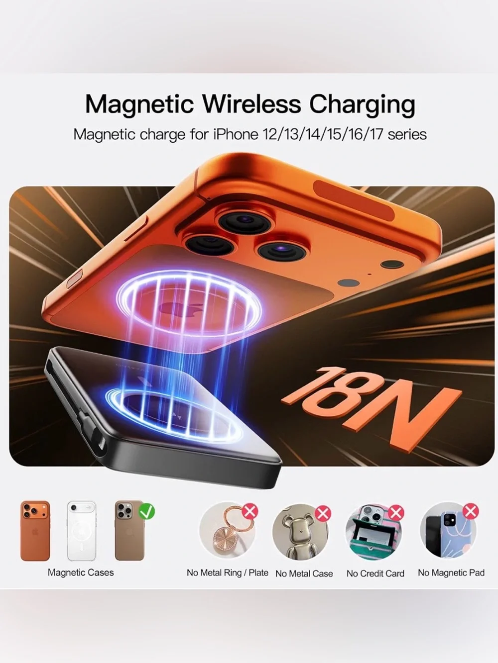 10000mAh Ultra Slim Magnetic Power Bank, Built-in USB-C & iPhone Cable
